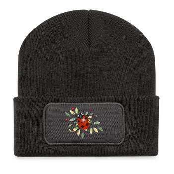 rot leuchtender Marienkäfer mit grünen Blätter - Recycelte Patch Beanie - Dunkelgrau - Vorne