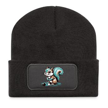 Cute cartoon squirrel playing golf - Recycled Patch Beanie - dark grey - Front