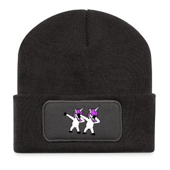 2 Einhörner Dabbing Dab Tanz Party Pose Geste Team - Recycelte Patch Beanie - Dunkelgrau - Vorne
