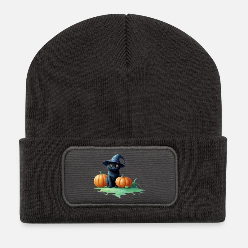 Halloweenkatze mit Kürbissen - Recycelte Patch Beanie - Dunkelgrau