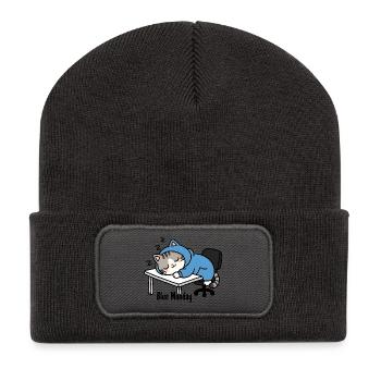 Chat dormant au travail, blue monday - Beanie recyclé à patch - charbon - Devant