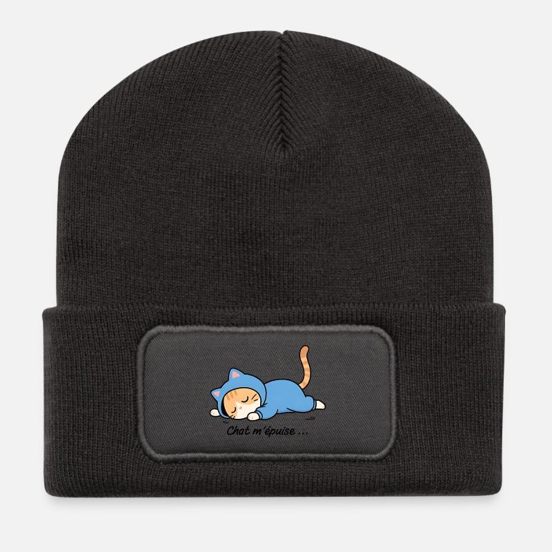Chat endormi en hoodie bleu, chat m'épuise - Beanie recyclé à patch - charbon