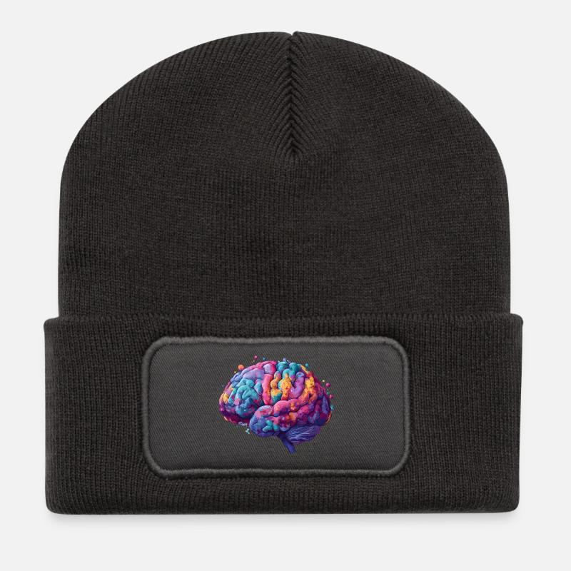 Buntes Neurodiversitäts Gehirn im farbenfrohen Kun - Recycelte Patch Beanie - Dunkelgrau