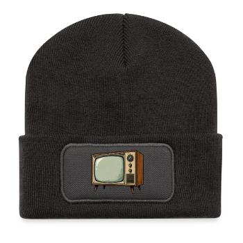 Retro Fernseher Illustration - Recycelte Patch Beanie - Dunkelgrau - Vorne