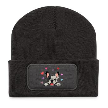 Französische_Bulldogge_Pfoten_mit_Herz_schwatzweiß - Recycelte Patch Beanie - Dunkelgrau - Vorne
