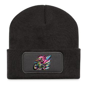 Neon Axolotl auf dem Bike - Recycelte Patch Beanie - Dunkelgrau - Vorne