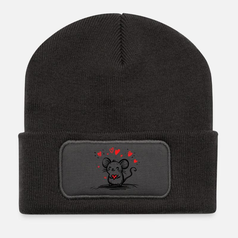 Mouse in Love with Floating Hearts - Recycled Patch Beanie - dark grey
