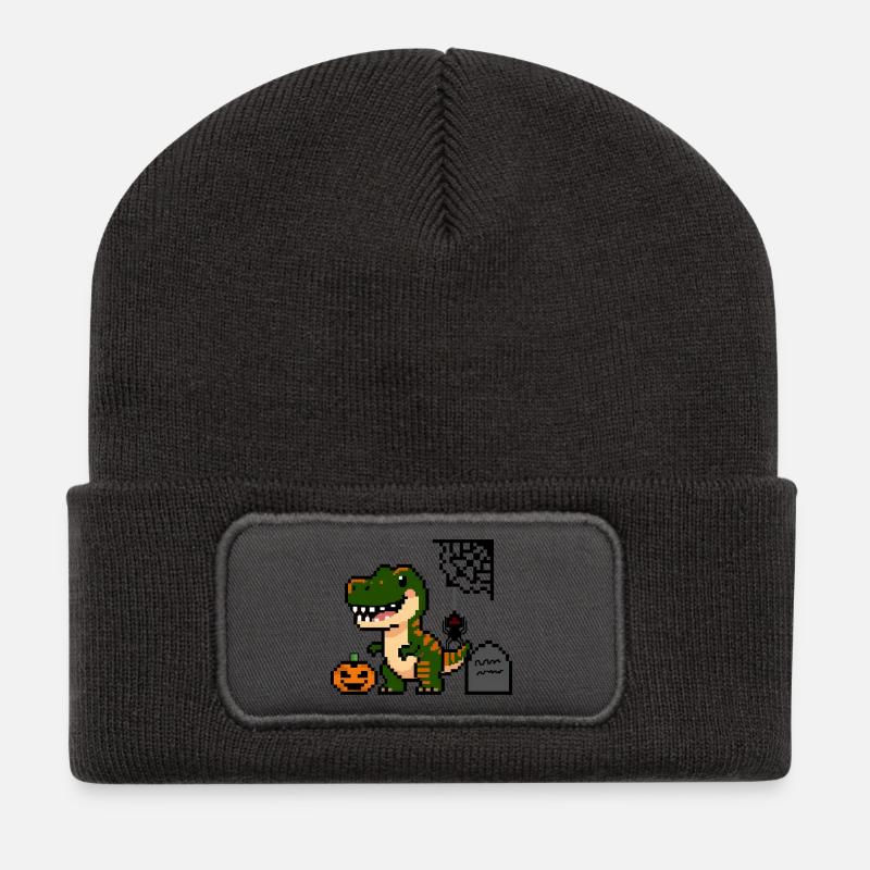 Pixel Art Dinosaurier für Halloween! 🎃🦖 - Recycelte Patch Beanie - Dunkelgrau