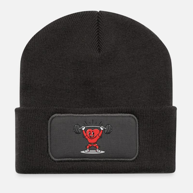 Strong Heart Lifting Weights Cartoon Design - Recycled Patch Beanie - dark grey