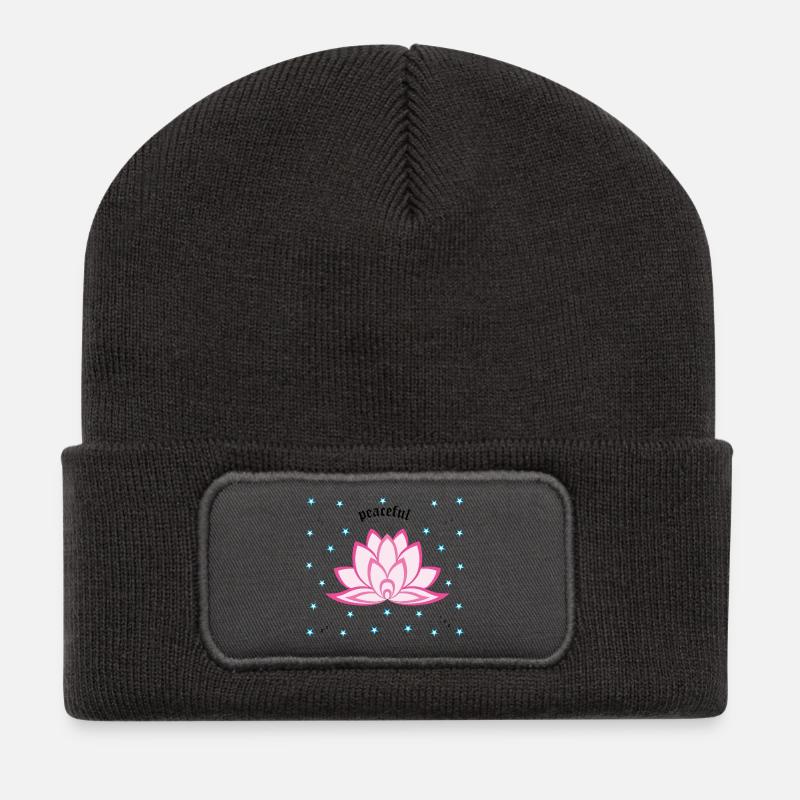 Friedliche rosa Lotusblumenblume, Snooze und blaue Sterne - Recycelte Patch Beanie - Dunkelgrau