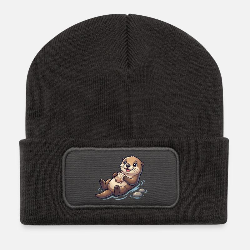Otter mit Muschel am Strand - Recycelte Patch Beanie - Dunkelgrau