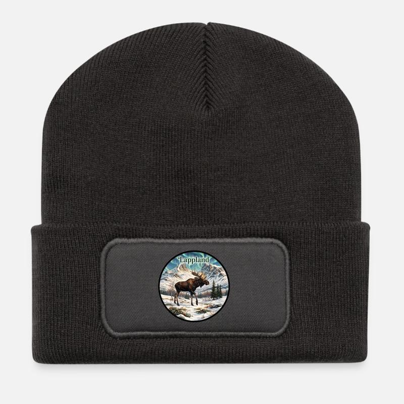 Lappland Elch mit Polarlichtern über Lapporten - Recycelte Patch Beanie - Dunkelgrau