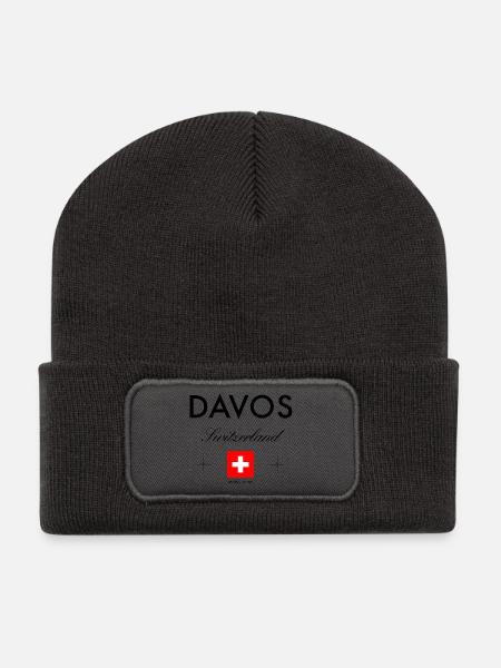 Davos Schweiz Koordinaten Reise Souvenir - Recycelte Patch Beanie - Dunkelgrau