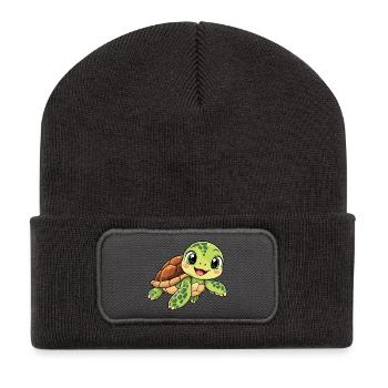 Schildkröte Kawaii Style – Süßes Tiermotiv - Recycelte Patch Beanie - Dunkelgrau - Vorne