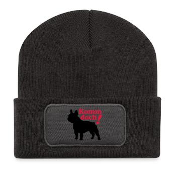 Französische Bulldogge , French Bulldog ,Komm.(25) - Recycelte Patch Beanie - Dunkelgrau - Vorne