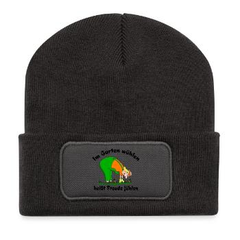 Im Garten wühlen heißt Freude fühlen - Recycelte Patch Beanie - Dunkelgrau - Vorne