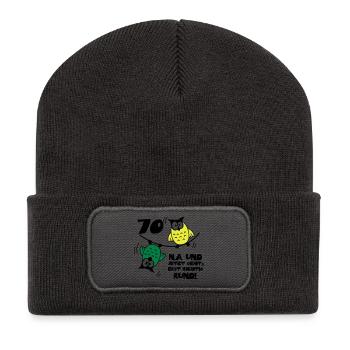 Geburtstag 70, Eulen am Drahtseil, rund - Recycelte Patch Beanie - Dunkelgrau - Vorne