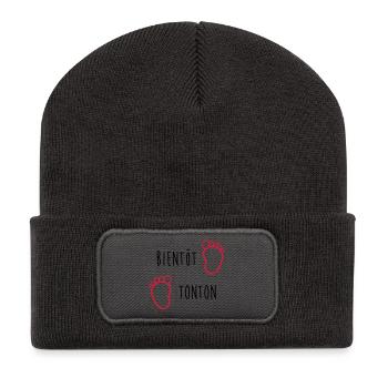 Bientôt Tonton / Bébé / Naissance / Oncle / Baby - Beanie recyclé à patch - charbon - Devant