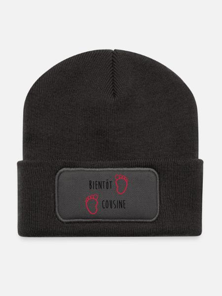 Bientôt Cousine / Cousin / Bébé / Naissance / Baby - Beanie recyclé à patch - charbon