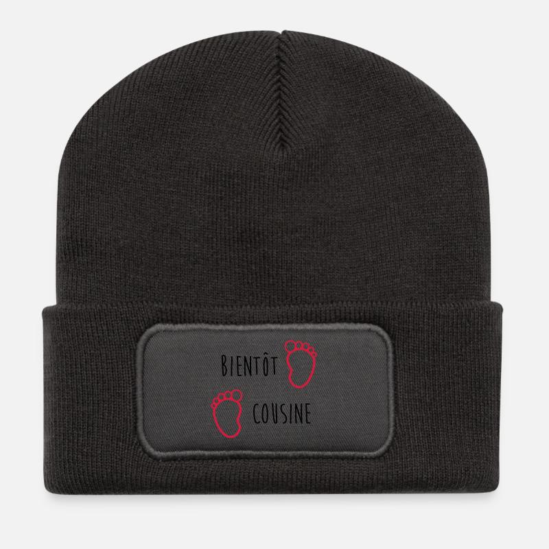 Bientôt Cousine / Cousin / Bébé / Naissance / Baby - Beanie recyclé à patch - charbon