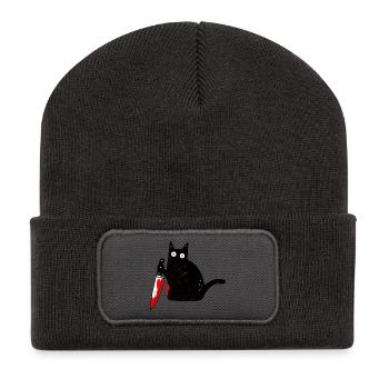Katze What? lustige schwarze katze mit Messer - Recycelte Patch Beanie - Dunkelgrau - Vorne