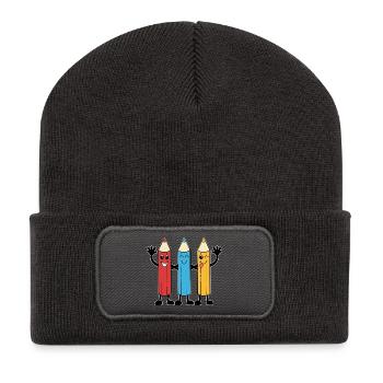 Buntstifte im Comic-Stil - Recycelte Patch Beanie - Dunkelgrau - Vorne