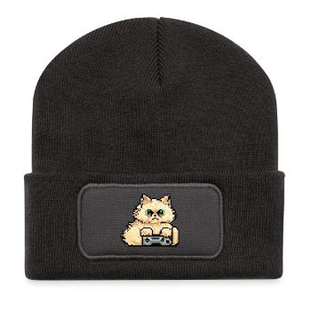 Perserkatze Negan beim Gaming in Pixelart - Recycelte Patch Beanie - Dunkelgrau - Vorne