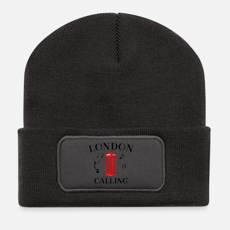 London is calling, England, rote Telefonzelle - Recycelte Patch Beanie - Dunkelgrau