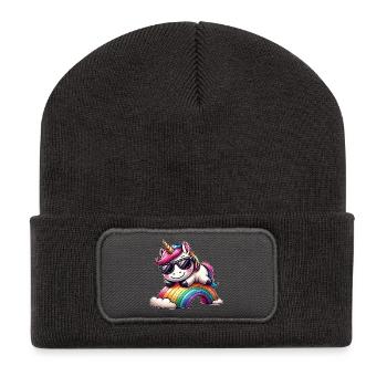 Cooles Einhorn Regenbogen Sonnenbrille Wolken - Recycelte Patch Beanie - Dunkelgrau - Vorne