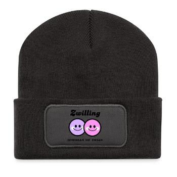 Fröhliche Zwillinge Gesichter Zusammen nie einsam - Recycelte Patch Beanie - Dunkelgrau - Vorne