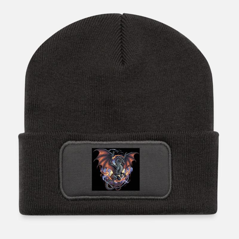 Drachenkampf mit Feuerhimmel - Recycelte Patch Beanie - Dunkelgrau