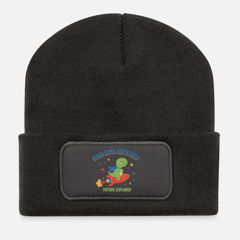 Dino auf Raketen-Abenteuer - Recycelte Patch Beanie - Dunkelgrau