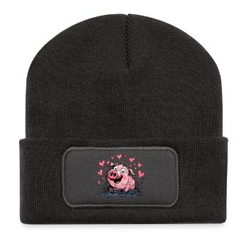 Liebesherz Schweinchen Splash - Recycelte Patch Beanie - Dunkelgrau - Vorne