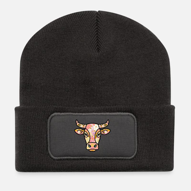 Böhmische pastellfarbene Blumenkuh - Recycelte Patch Beanie - Dunkelgrau