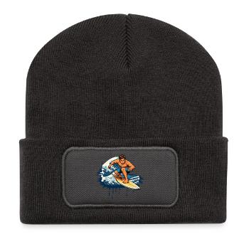 Dynamische Graffiti Illustration  eines Surfers - Recycelte Patch Beanie - Dunkelgrau - Vorne