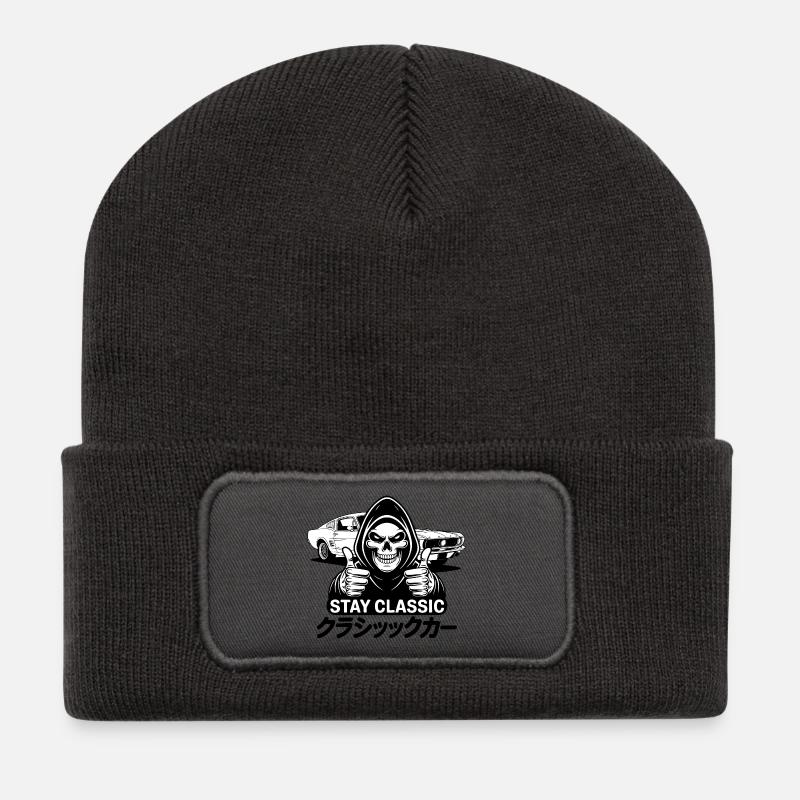 Reste classique – Art de crâne avec voiture classique japonaise - Beanie recyclé à patch - charbon