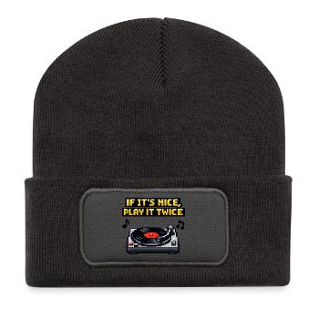 Wenn es schön ist, spiel es zweimal auf dem Plattenspieler - Recycelte Patch Beanie - Dunkelgrau - Vorne