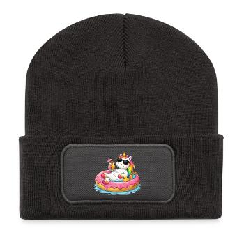 Licorne détendue en bouée – Humour été et attitude - Beanie recyclé à patch - charbon - Devant