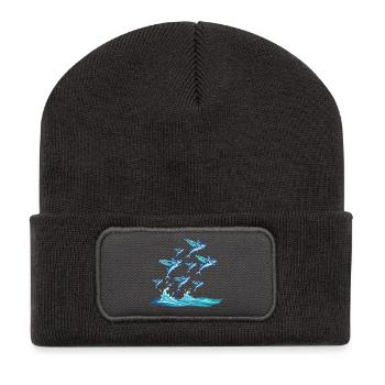 Un banc de poissons bleus par-dessus les vagues - Beanie recyclé à patch - charbon - Devant