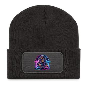Neon-DJ-Affe im Club-Style - Recycelte Patch Beanie - Dunkelgrau - Vorne