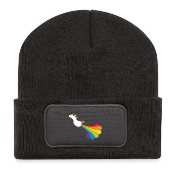 Lustiges pupsendes Einhorn mit Regenbogenwolke - Recycelte Patch Beanie - Dunkelgrau - Vorne