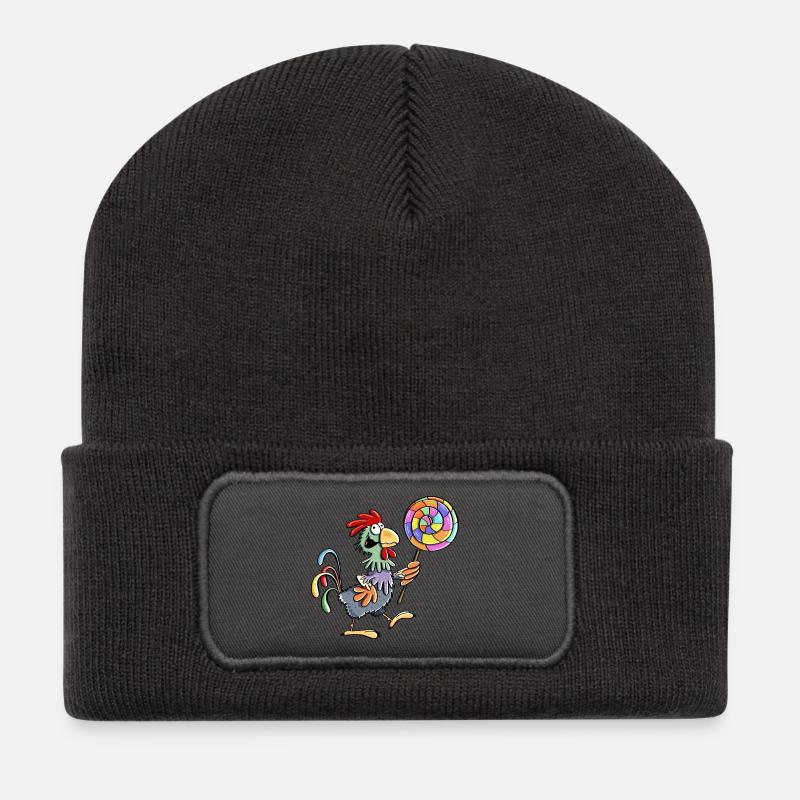 Huhn mit Lolli - Hahn - Henne - Lutscher - Essen - Recycelte Patch Beanie - Dunkelgrau