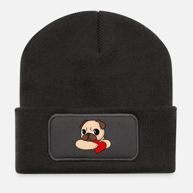 Mops mit Herz - Recycelte Patch Beanie - Dunkelgrau