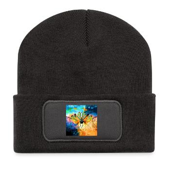 Bunter Falter im Farbmeer - Recycelte Patch Beanie - Dunkelgrau - Vorne