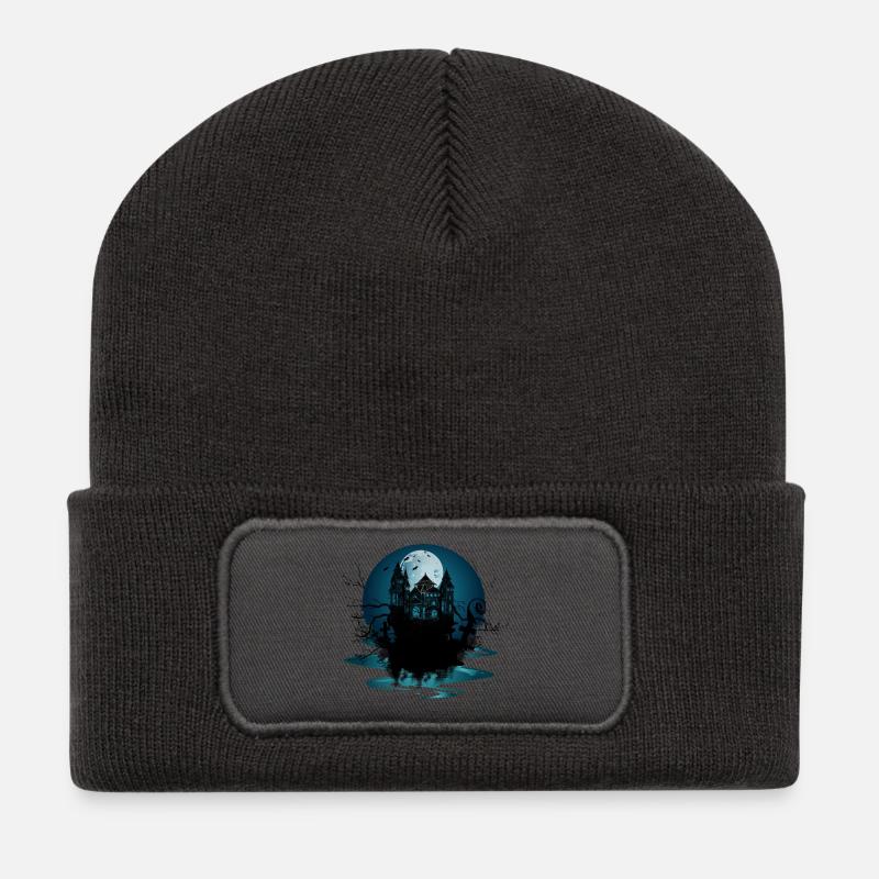 dunkles Schloss in der Nacht bei Vollmond - Recycelte Patch Beanie - Dunkelgrau