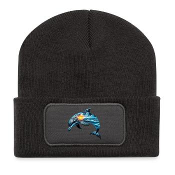 Dauphin décoré peint d’un paysage marin - Beanie recyclé à patch - charbon - Devant