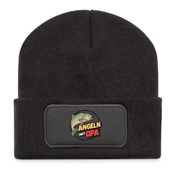 Angeln mit Opa mit buntem Fischdesign - Recycelte Patch Beanie - Dunkelgrau - Vorne