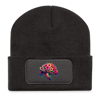 Tortue aux fleurs d’hibiscus - Beanie recyclé à patch - charbon - Devant