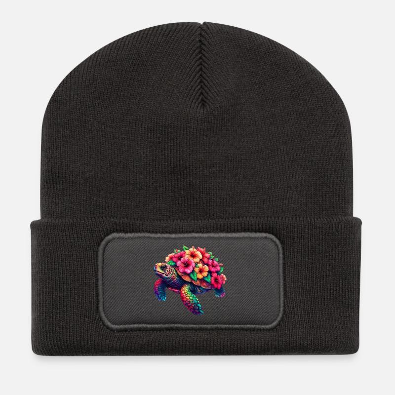 Schildkröte mit Hibiskusblüten - Recycelte Patch Beanie - Dunkelgrau