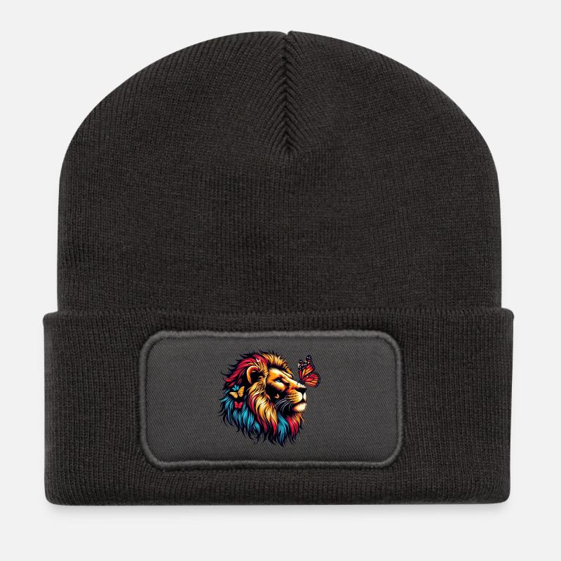 Löwe und Schmetterling - Recycelte Patch Beanie - Dunkelgrau